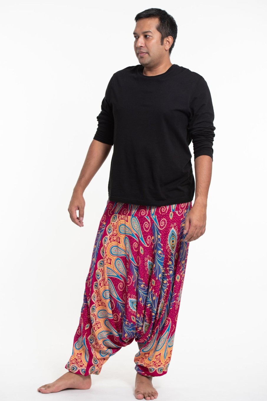 Men HaremPants | Plus Size Peacock Paisley Drop Crotch Men'S Harem Pants In Pink