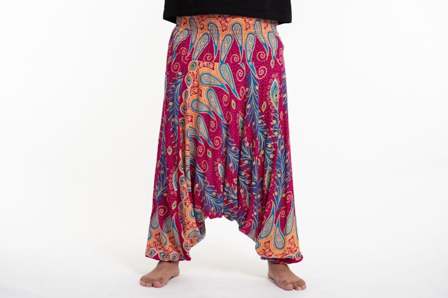 Men HaremPants | Plus Size Peacock Paisley Drop Crotch Men'S Harem Pants In Pink