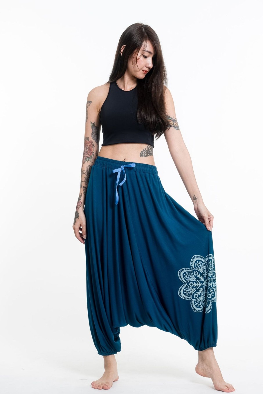 Women HaremPants | Mandala Print Drawstring Low Cut Harem Pants Cotton Spandex In Turquoise