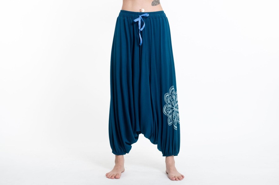 Women HaremPants | Mandala Print Drawstring Low Cut Harem Pants Cotton Spandex In Turquoise