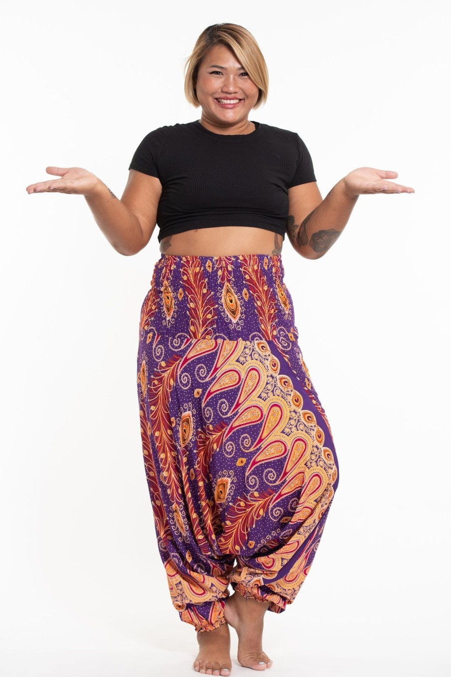 Women HaremPants | Plus Size Peacock Paisley 2-In-1 Jumpsuit Harem Pants In Purple