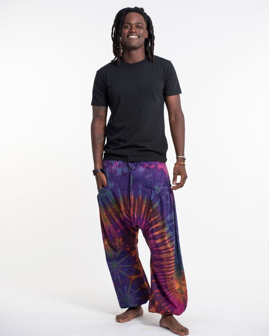 Men HaremPants | Tie Dye Cotton Men Harem Pants In Purple Rainbow