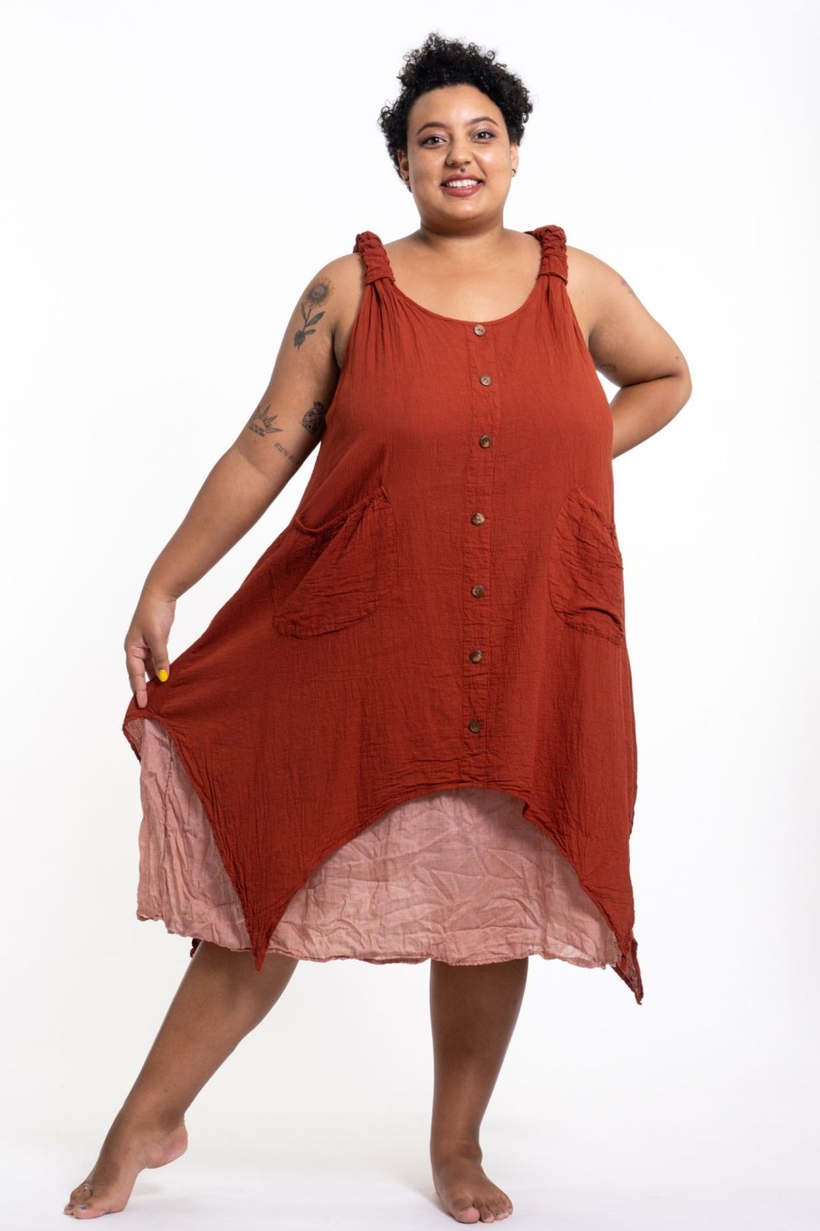 Plus Size HaremPants | Plus Size Women'S Crinkled Hill Tribe Cotton Tank Dress In Brick