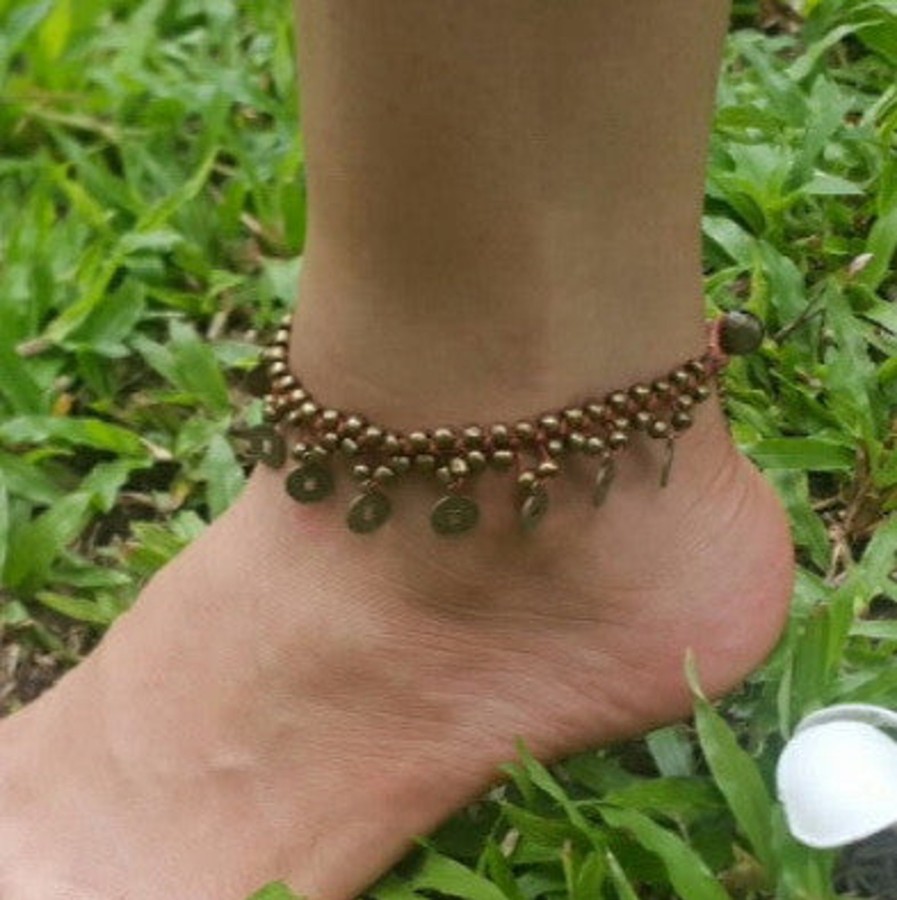 Accessories HaremPants | Hand Made Fair Trade Anklet Double Strand Brass Coins Brown