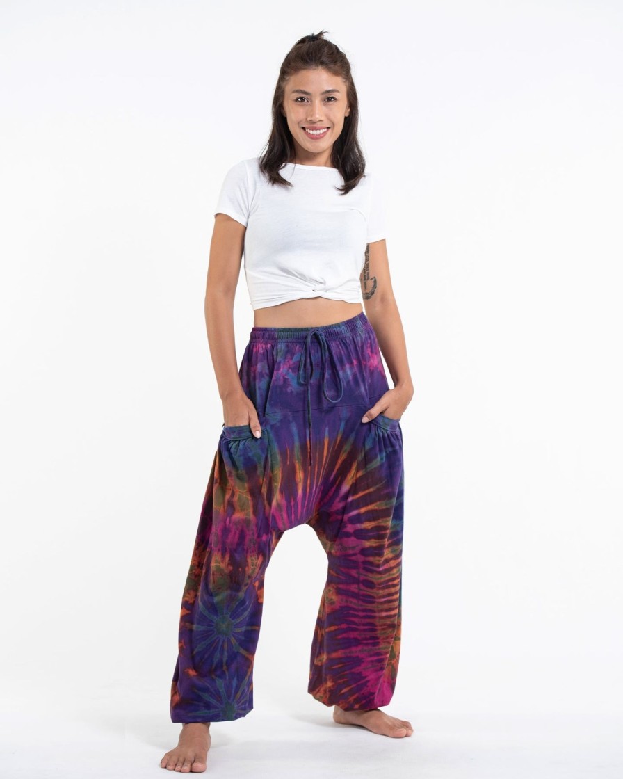 Women HaremPants | Tie Dye Cotton Women Harem Pants In Purple Rainbow