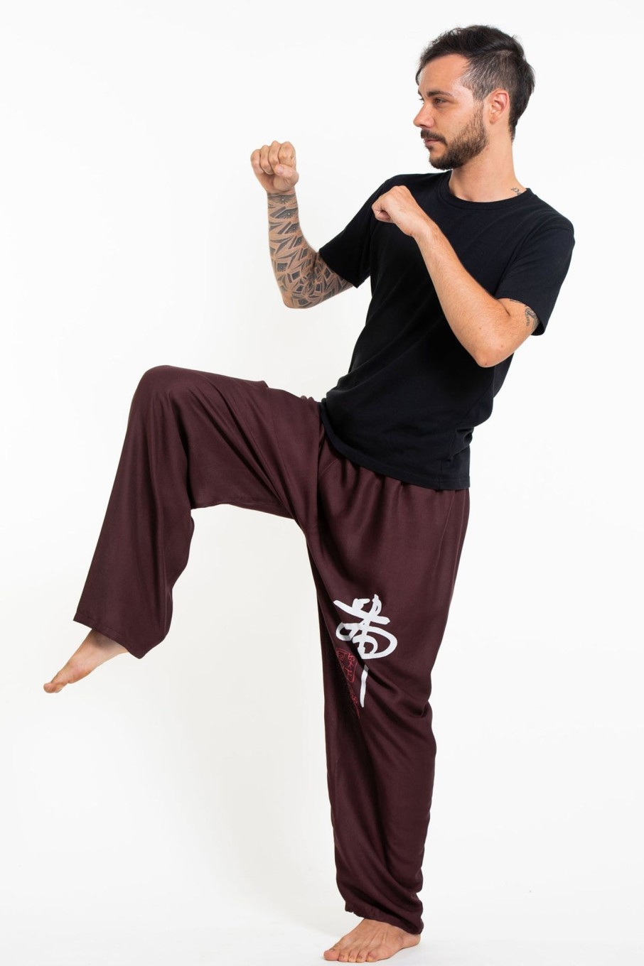 Men HaremPants | Chinese Writing Men'S Thai Yoga Pants In Brown