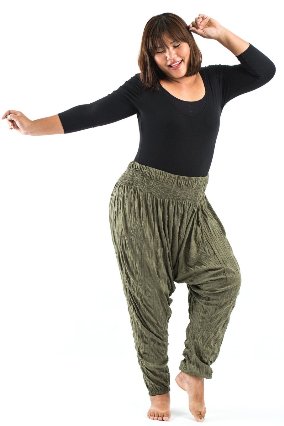 Plus Size HaremPants | Plus Size Crinkled Cotton Harem Pants In Green