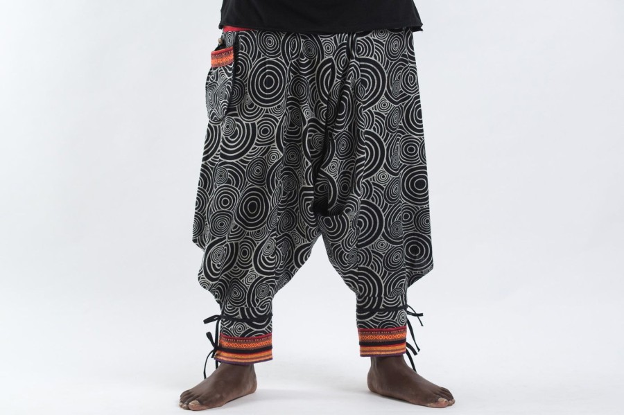 Plus Size HaremPants | Plus Size Swirls Prints Thai Hill Tribe Fabric Men Harem Pants With Ankle Straps In Black