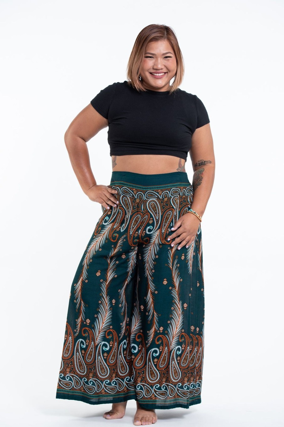 Plus Size HaremPants | Plus Size Paisley Feathers Palazzo Style Harem Pants In Green