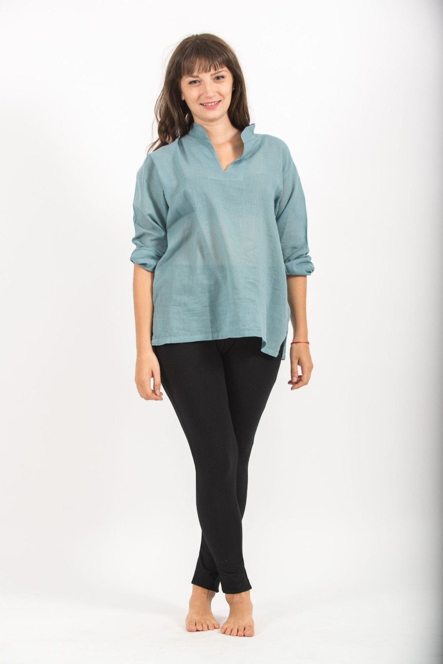 Women HaremPants | Womens Yoga Shirts Nehru Collared In Aqua