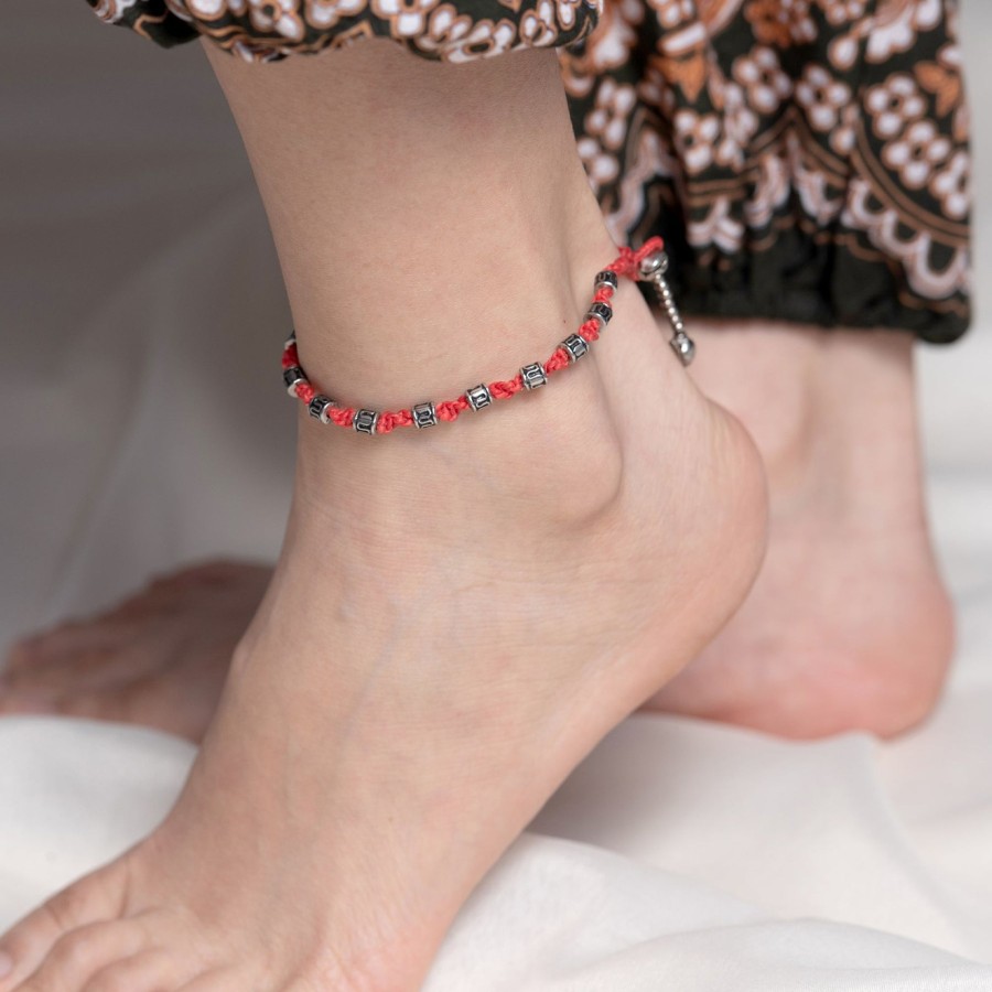 Accessories HaremPants | Hand Made Fair Trade Anklet Waxed Cotton Silver Beads Red