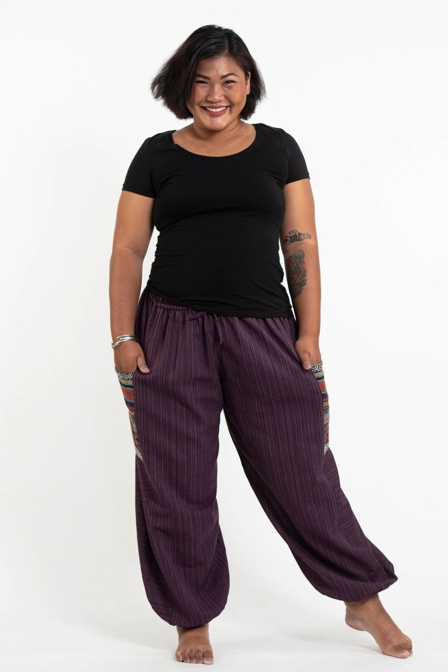 Women HaremPants | Plus Size Women'S Drawstring Pinstripes Cotton Pants With Aztec Pocket In Purple