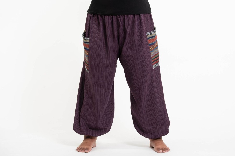 Women HaremPants | Plus Size Women'S Drawstring Pinstripes Cotton Pants With Aztec Pocket In Purple