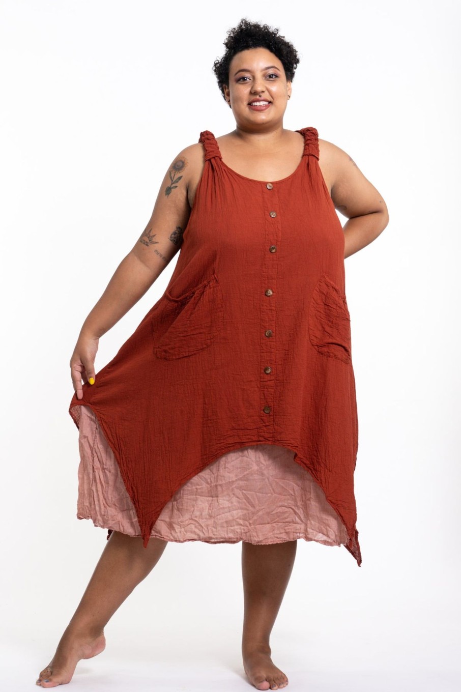 Women HaremPants | Plus Size Women'S Crinkled Hill Tribe Cotton Tank Dress In Brick