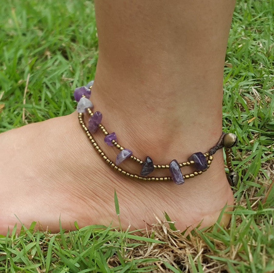 Accessories HaremPants | Hand Made Fair Trade Anklet Double Strand Brass Beads Amethyst Purple