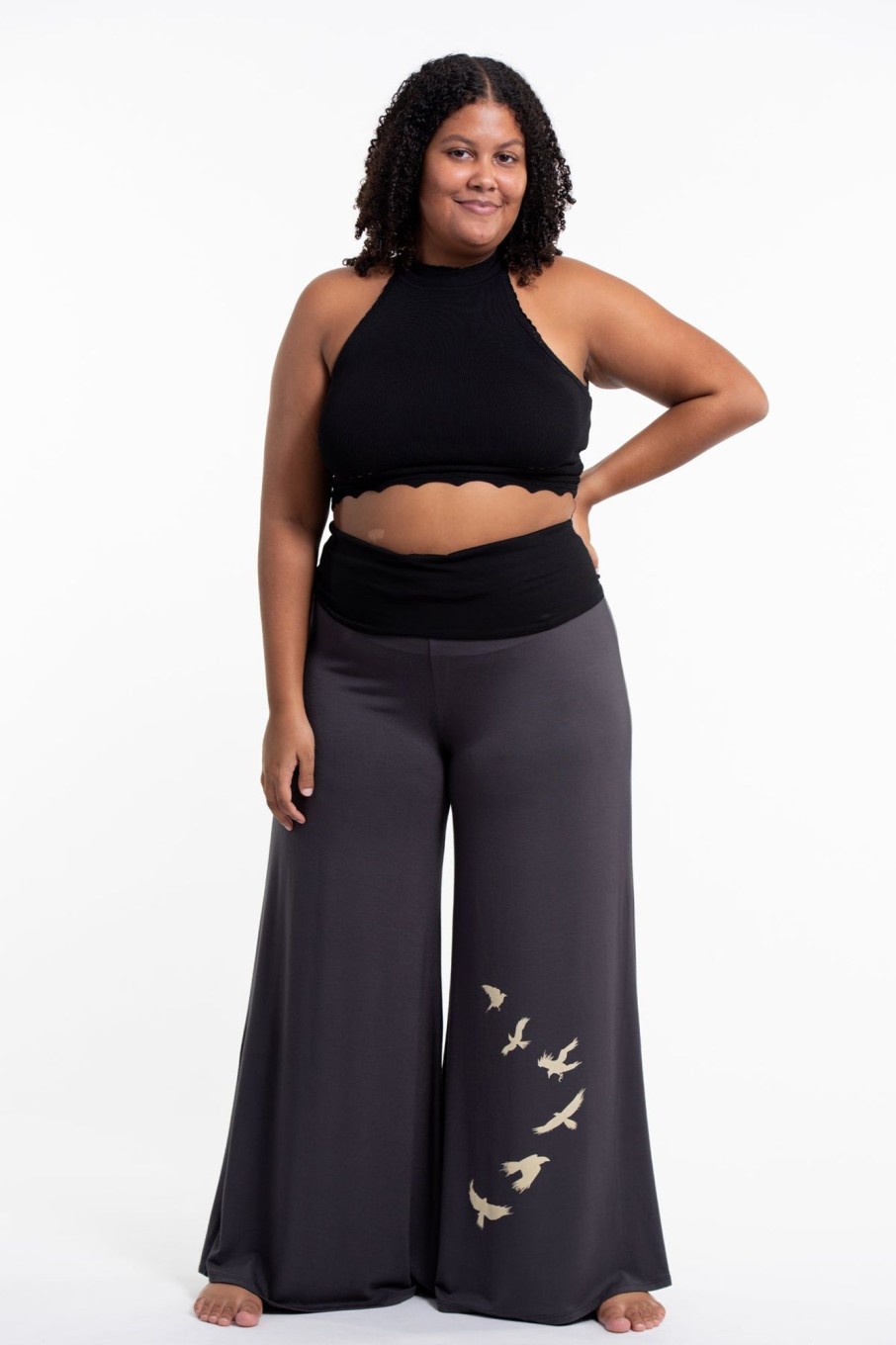 Plus Size HaremPants | Plus Size Birds Print Wide Leg Palazzo Harem Pants Cotton Spandex In Gray