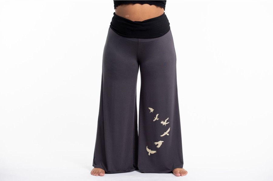 Plus Size HaremPants | Plus Size Birds Print Wide Leg Palazzo Harem Pants Cotton Spandex In Gray