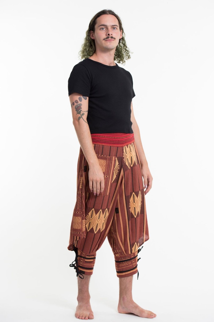 Men HaremPants | Thai Hill Tribe Fabric Men Harem Pants With Ankle Straps In Brick