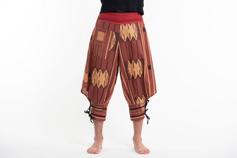 Men HaremPants | Thai Hill Tribe Fabric Men Harem Pants With Ankle Straps In Brick