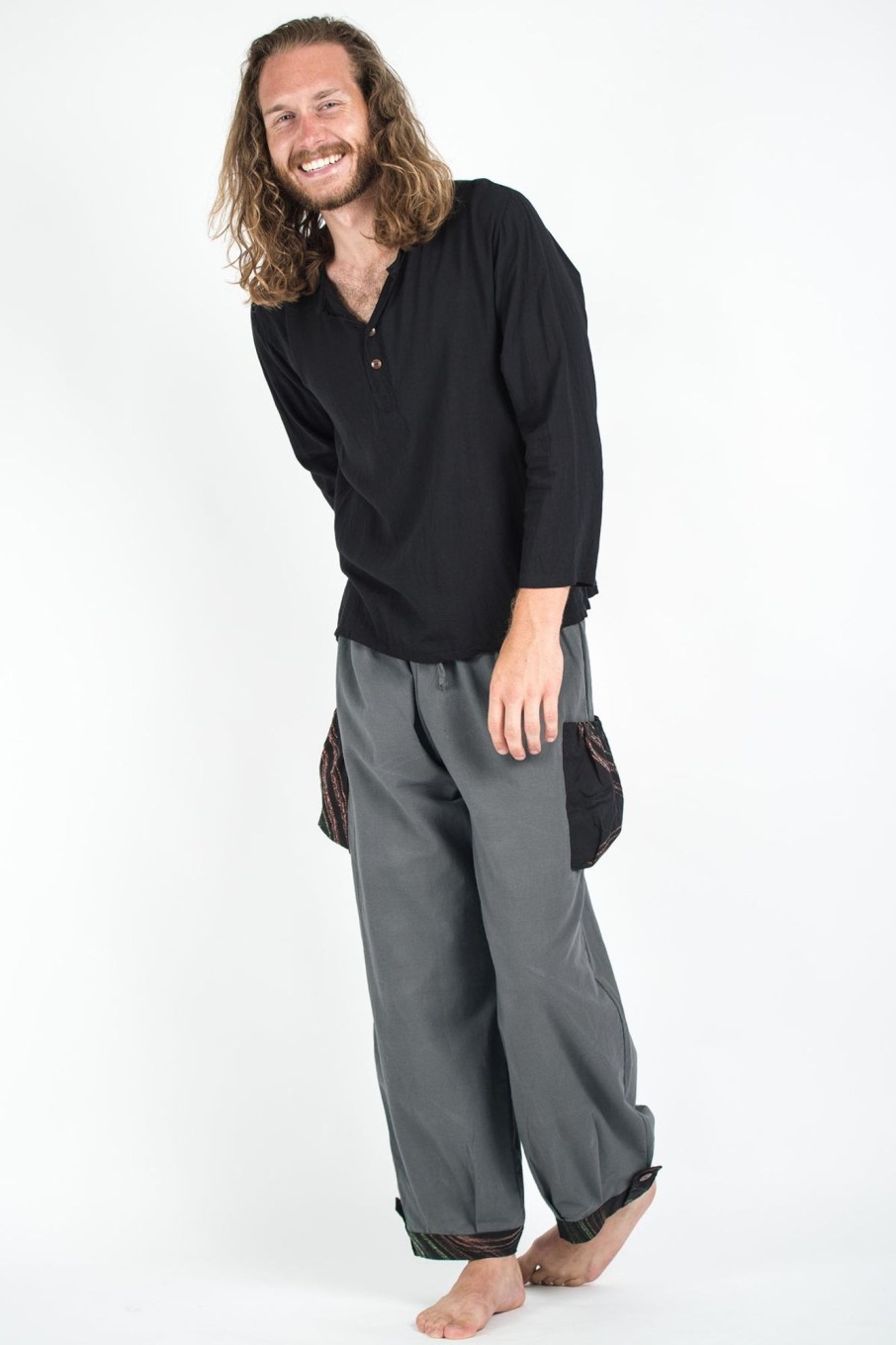 Men HaremPants | Thai Cotton Men Drawstring Pants With Hill Tribe Trim Dark Gray