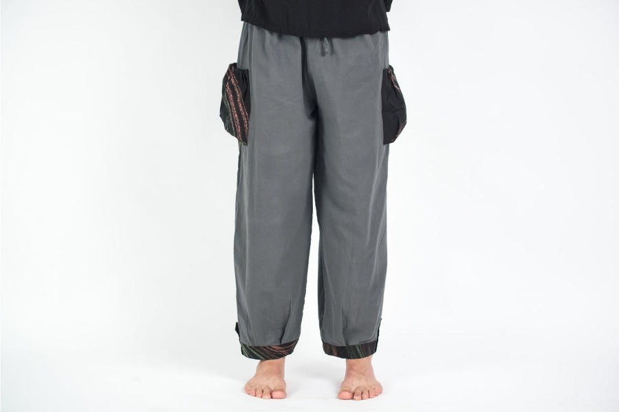 Men HaremPants | Thai Cotton Men Drawstring Pants With Hill Tribe Trim Dark Gray