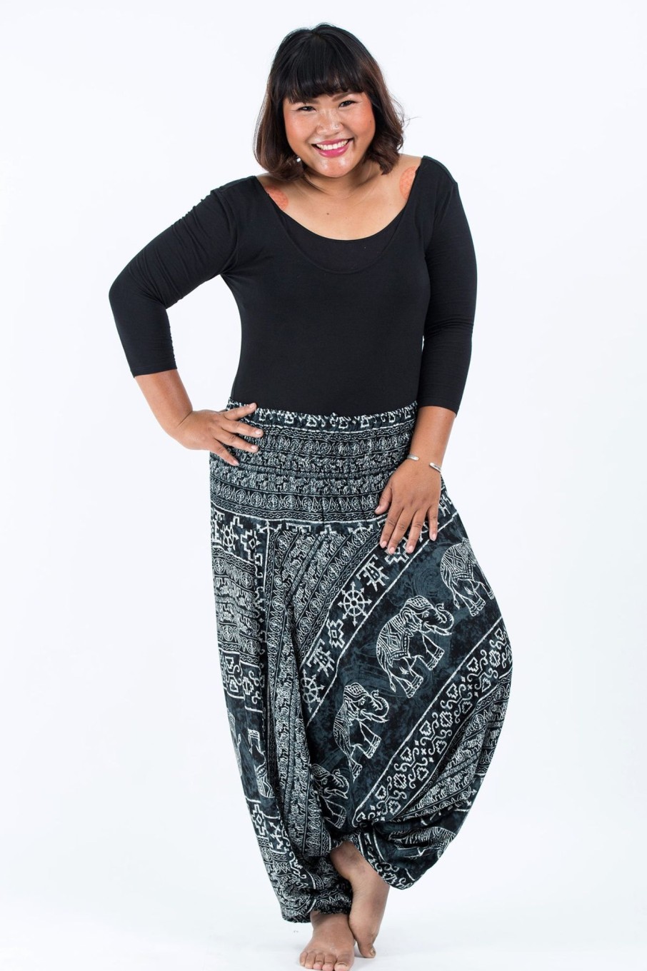 Plus Size HaremPants | Plus Size Marble Elephant 2-In-1 Jumpsuit Elephant Pants In Black