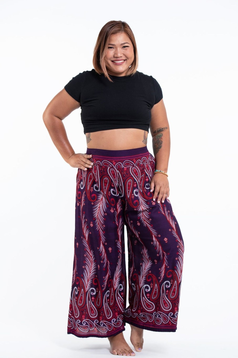 Women HaremPants | Plus Size Paisley Feathers Palazzo Style Harem Pants In Purple