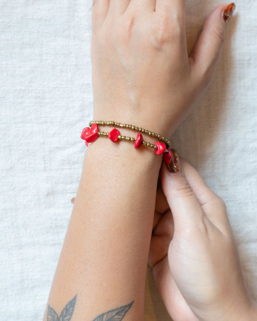 Accessories HaremPants | Brass Bead And Stone Double Strand Bracelets Red