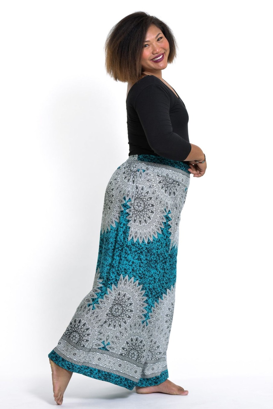 Women HaremPants | Plus Size Marble Mandalas Palazzo Style Harem Pants In Turquoise