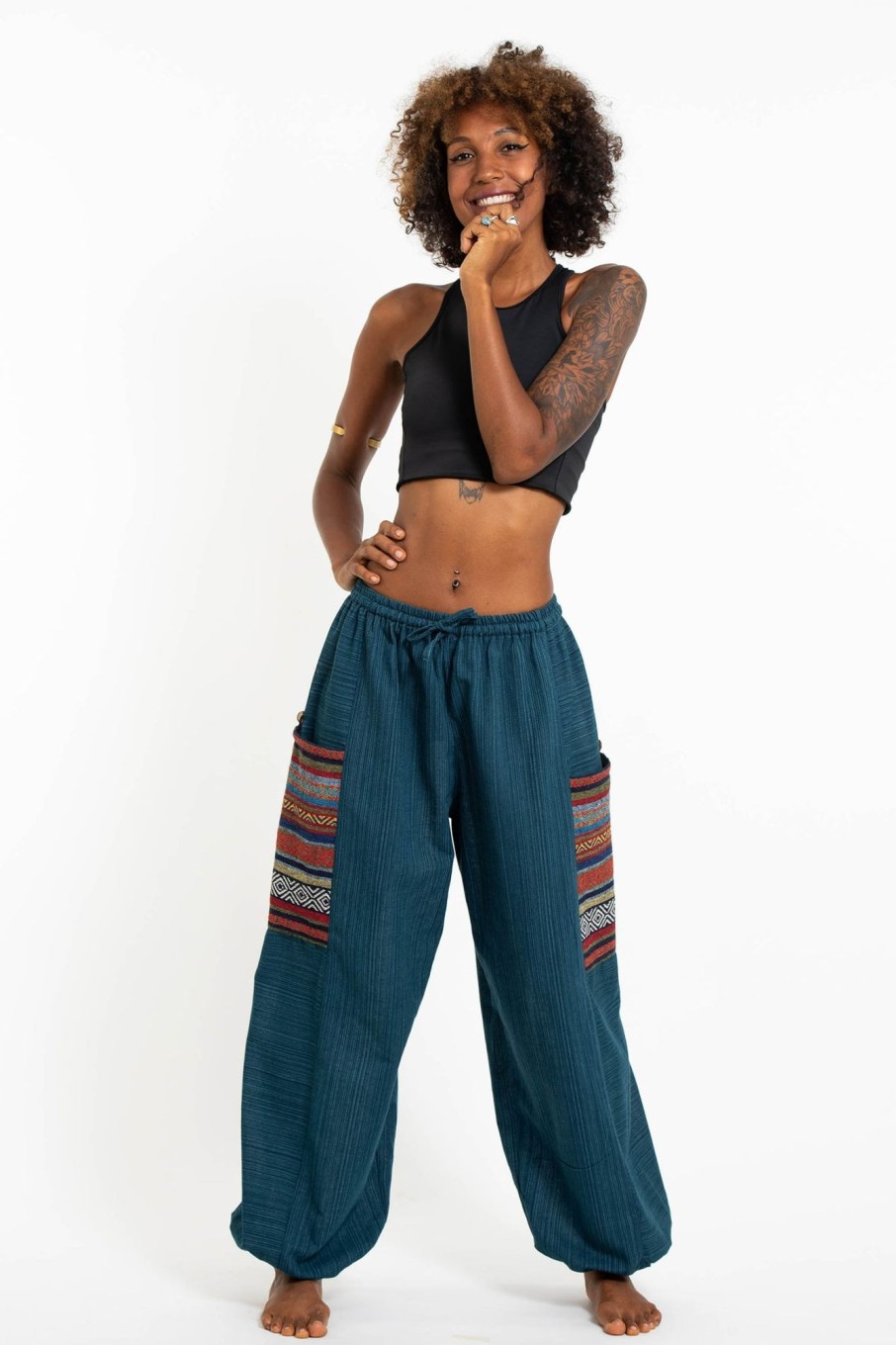 Women HaremPants | Women'S Drawstring Pinstripes Cotton Pants With Aztec Pocket In Turquoise