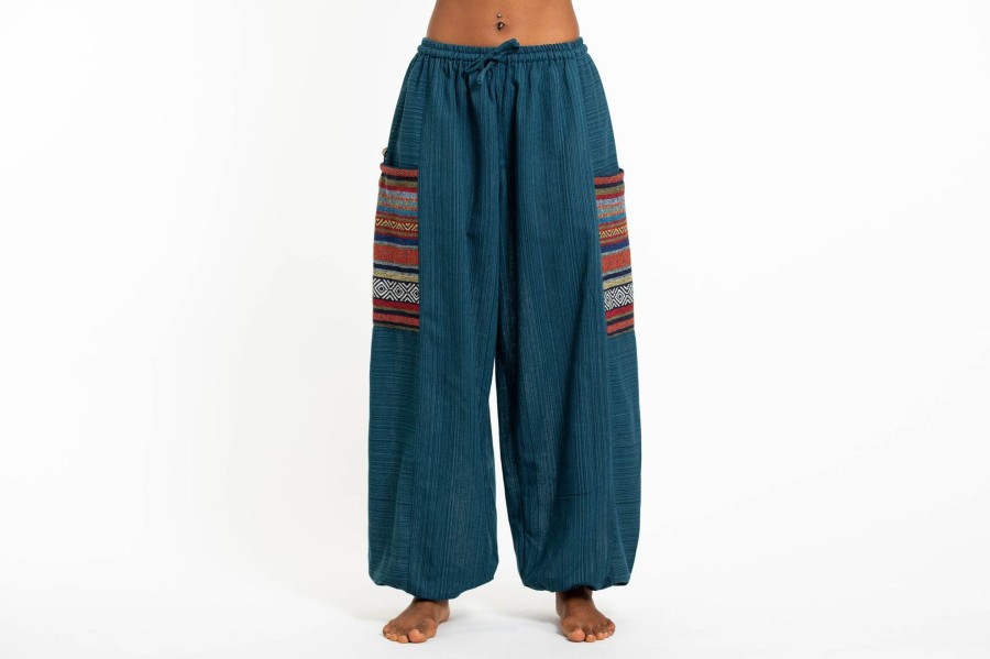 Women HaremPants | Women'S Drawstring Pinstripes Cotton Pants With Aztec Pocket In Turquoise