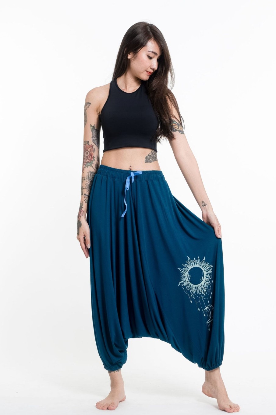 Women HaremPants | Sun Moon Print Drawstring Low Cut Harem Pants Cotton Spandex In Turquoise