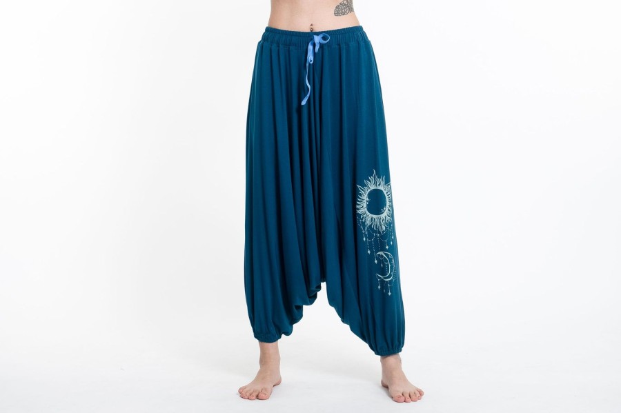 Women HaremPants | Sun Moon Print Drawstring Low Cut Harem Pants Cotton Spandex In Turquoise