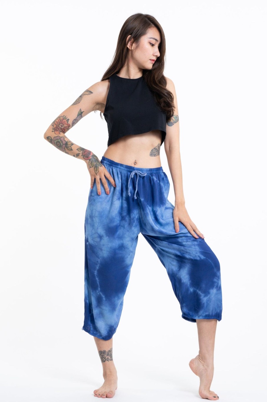 Women HaremPants | Women'S Tie Dye Drawstring Yoga Massage Cropped Pants In Blue