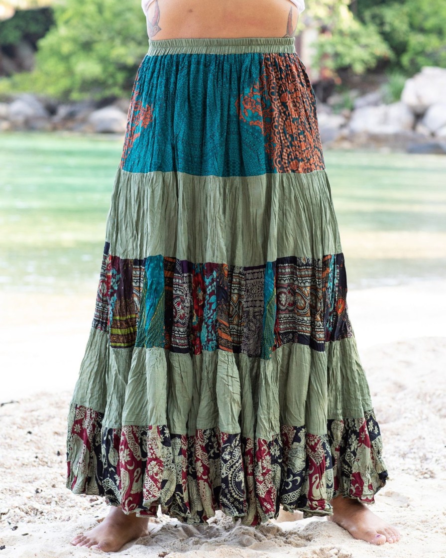 Plus Size HaremPants | Plus Size Patchwork Long Skirt In Green