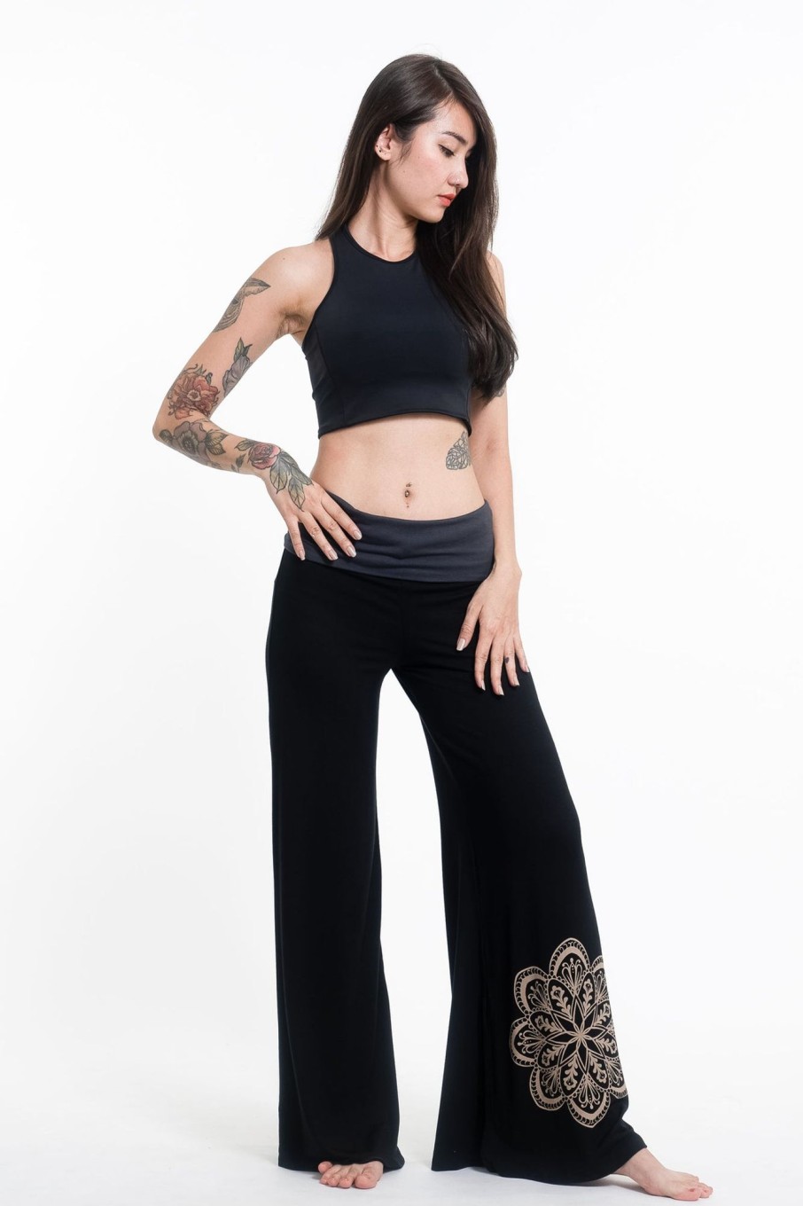 Women HaremPants | Mandala Print Wide Leg Palazzo Harem Pants Cotton Spandex In Black