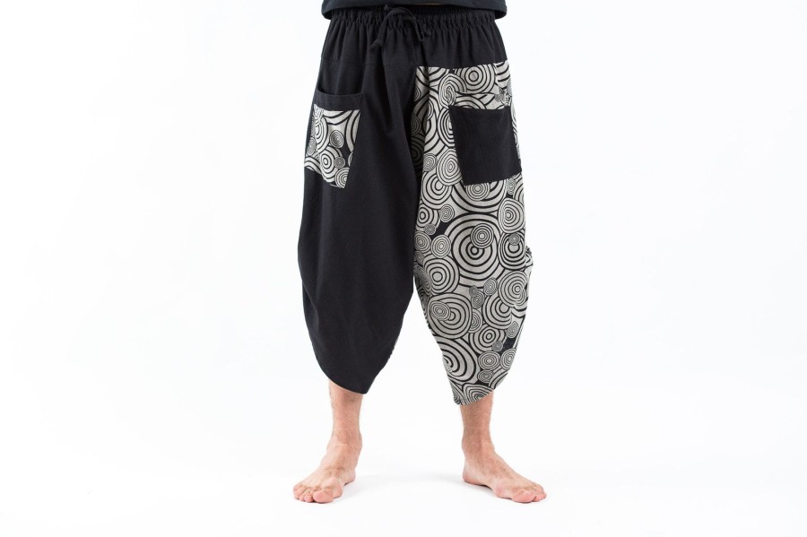 Men HaremPants | Two Tone Swirls Prints Men'S Three Quarter Pants In Black