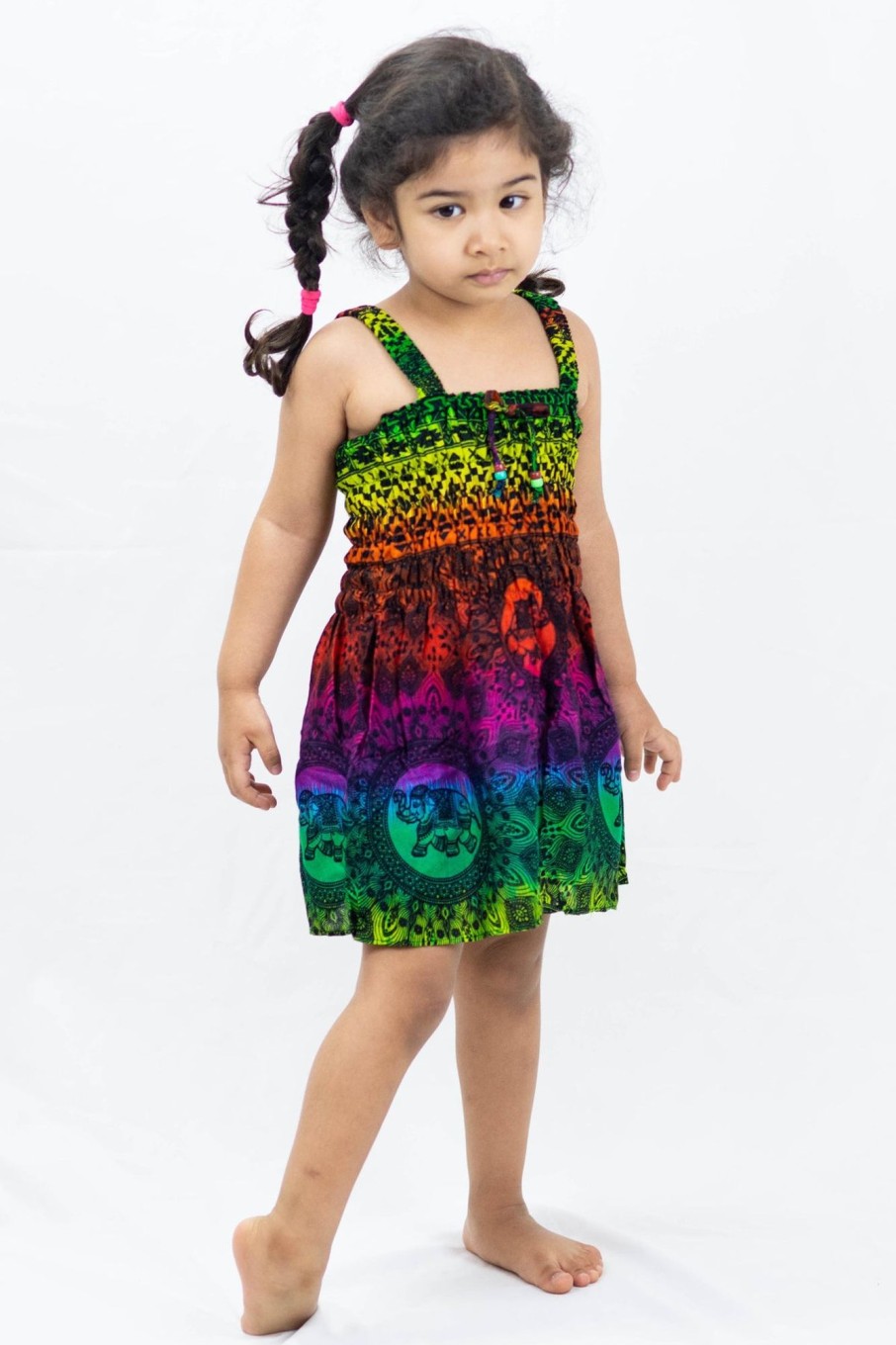 Kids HaremPants | Kids Rainbow Elephant Smock Dress In Green