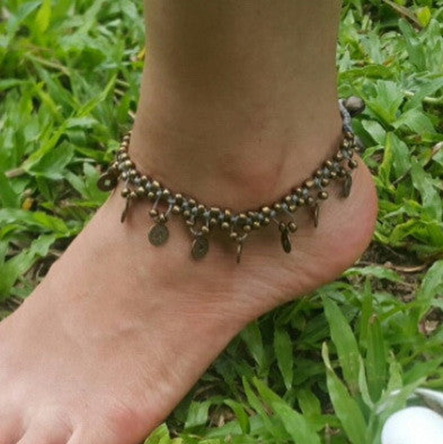 Accessories HaremPants | Hand Made Fair Trade Anklet Double Strand Brass Coins Gray Grey