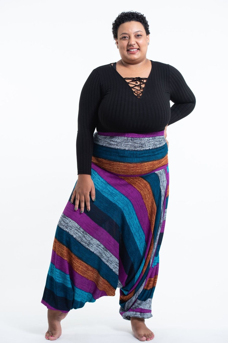 Plus Size HaremPants | Plus Size Boho Striped 2-In-1 Jumpsuit Harem Pants In Blue