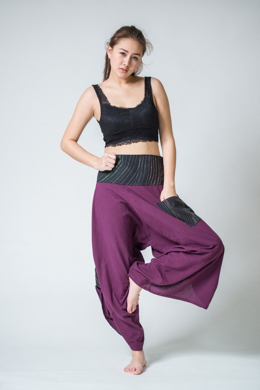 Women HaremPants | Women'S Thai Button Up Cotton Pants With Hill Tribe Trim Purple