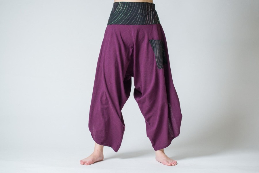 Women HaremPants | Women'S Thai Button Up Cotton Pants With Hill Tribe Trim Purple