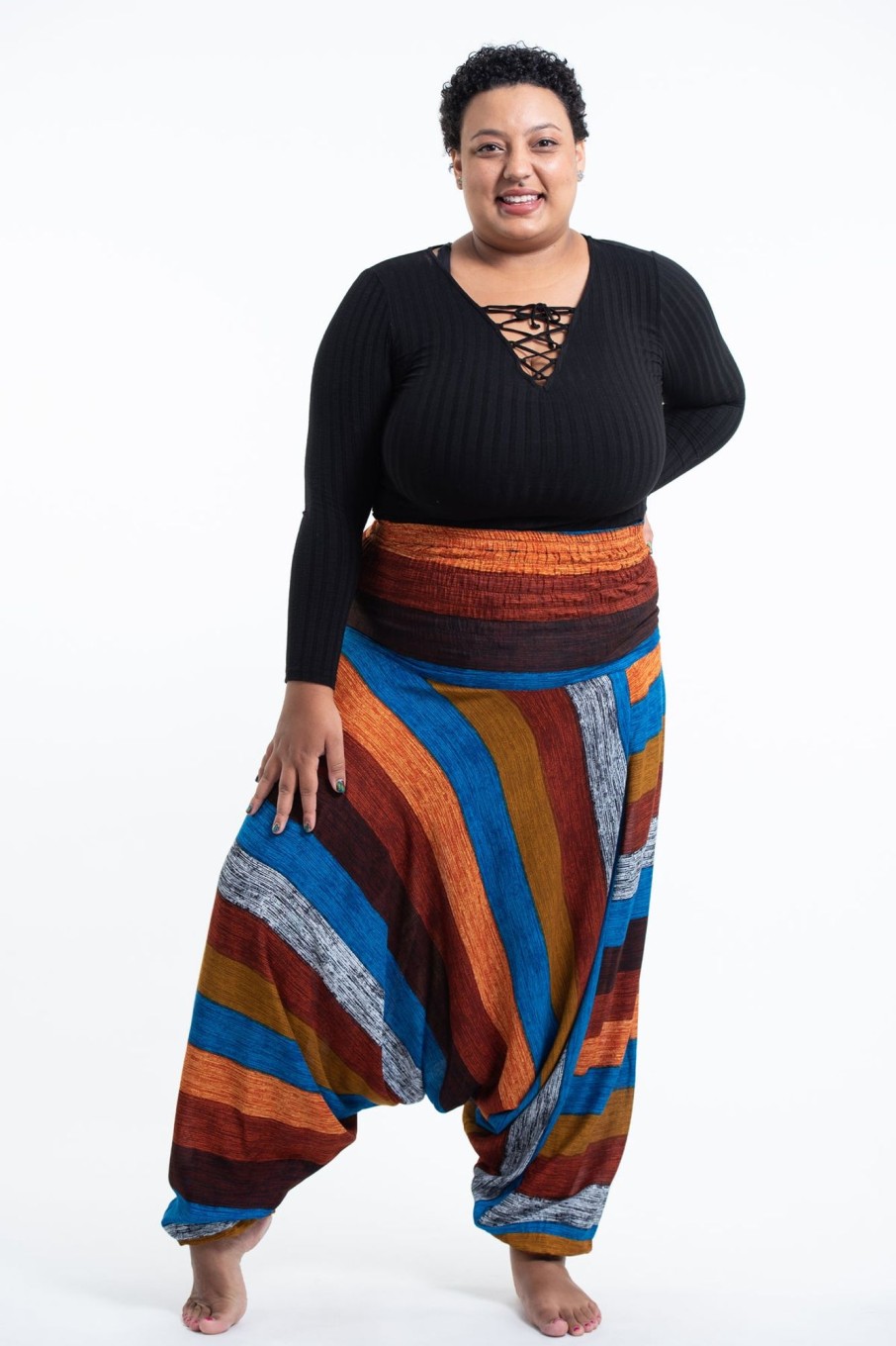 Plus Size HaremPants | Plus Size Boho Striped 2-In-1 Jumpsuit Harem Pants In Rust