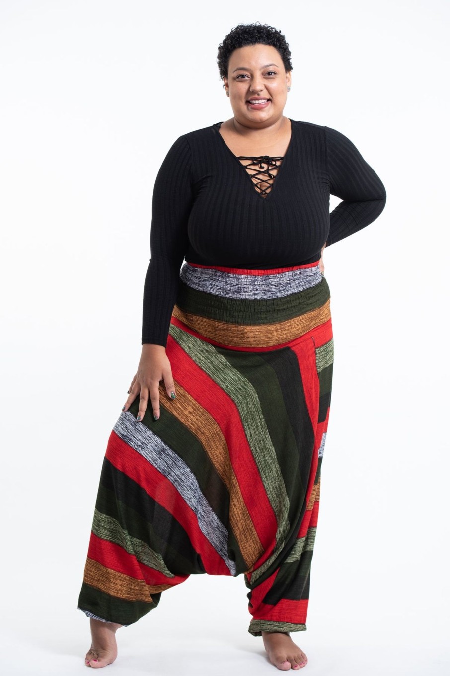 Plus Size HaremPants | Plus Size Boho Striped 2-In-1 Jumpsuit Harem Pants In Green