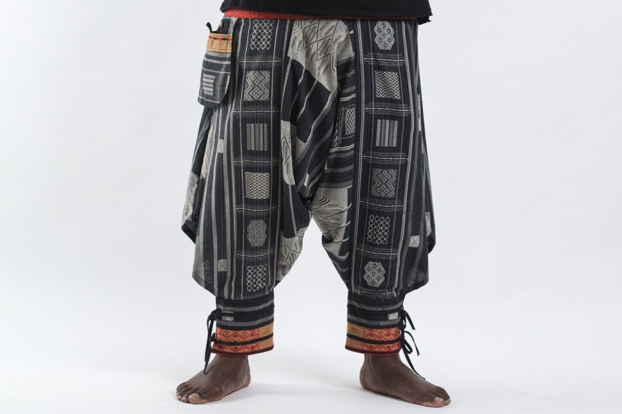 Men HaremPants | Plus Size Thai Hill Tribe Fabric Men Harem Pants With Ankle Straps In Black