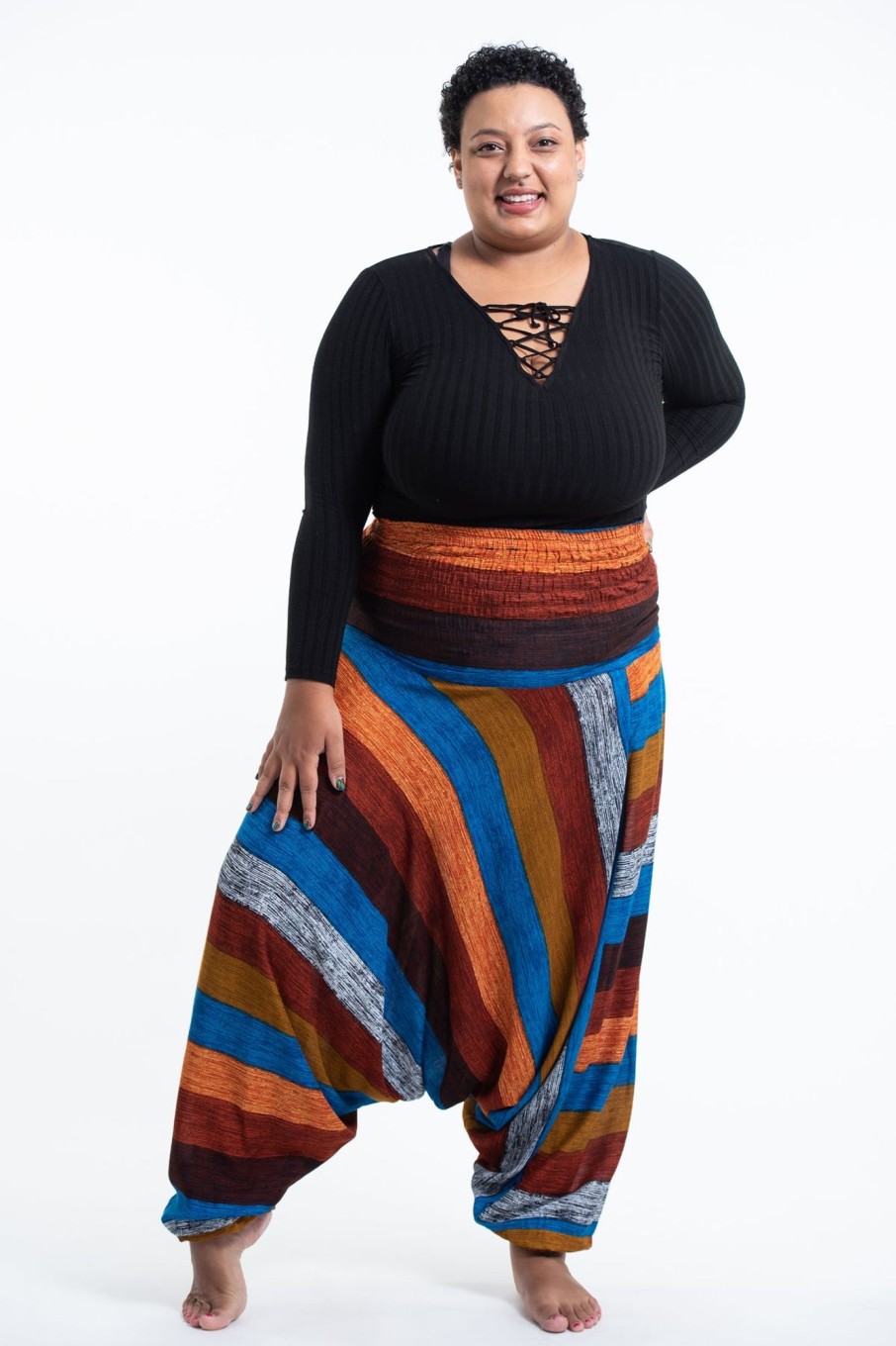 Women HaremPants | Plus Size Boho Striped 2-In-1 Jumpsuit Harem Pants In Rust