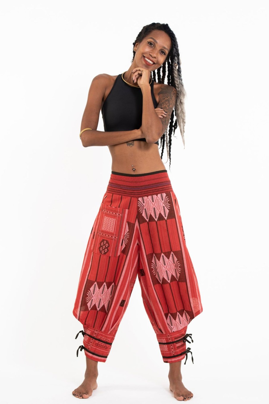 Women HaremPants | Thai Hill Tribe Fabric Women'S Harem Pants With Ankle Straps In Red