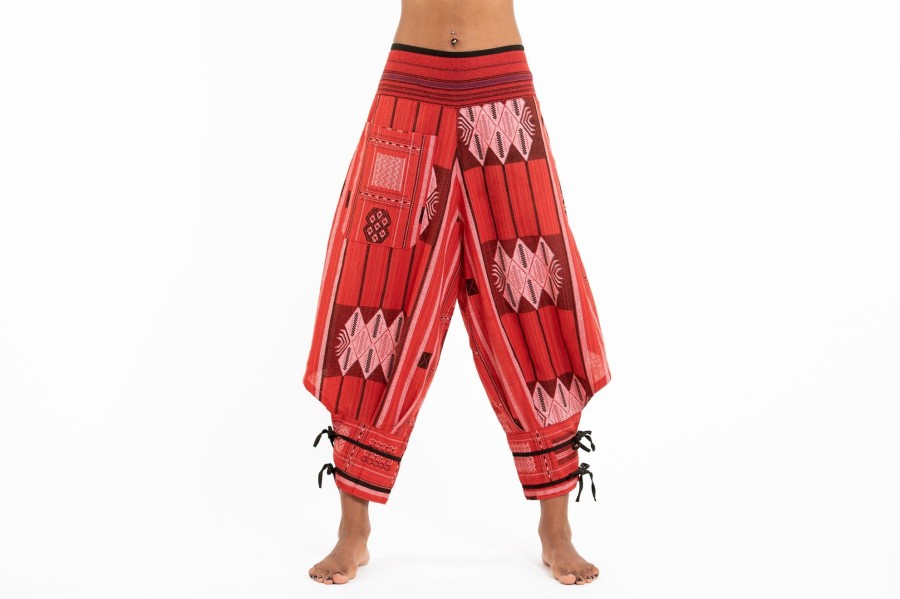 Women HaremPants | Thai Hill Tribe Fabric Women'S Harem Pants With Ankle Straps In Red