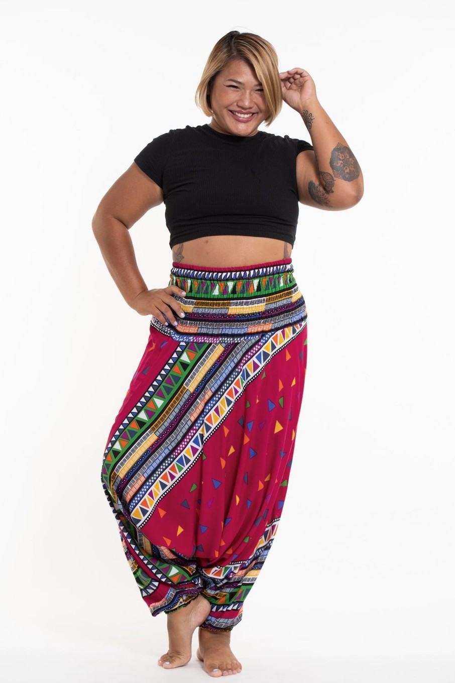 Plus Size HaremPants | Plus Size Triangles 2-In-1 Jumpsuit Harem Pants In Pink