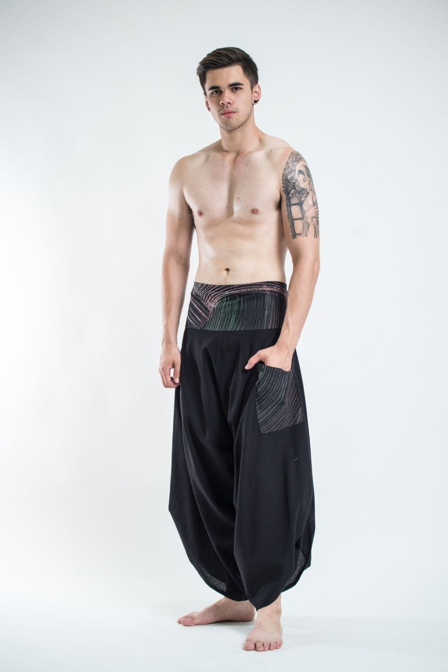 Men HaremPants | Men'S Thai Button Up Cotton Pants With Hill Tribe Trim Black